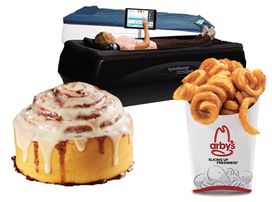 Arby's Curly Fries, Cinnabon, HydroMassage machine Arby's Curly Fries, Cinnabon, HydroMassage machine